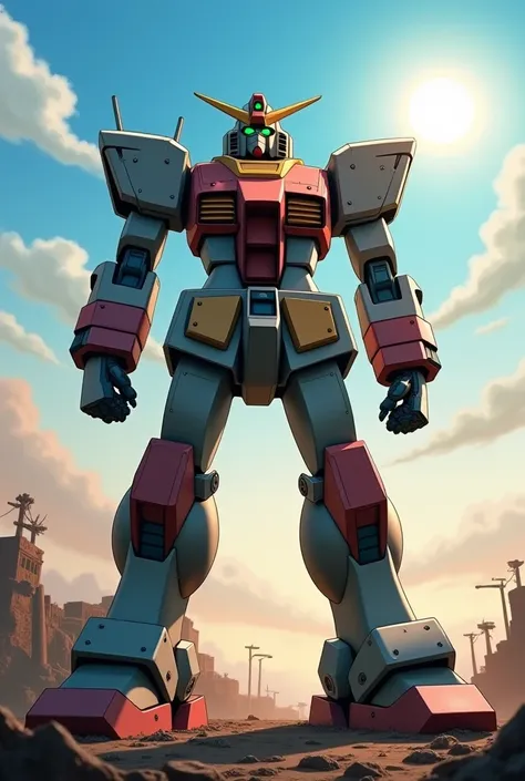  That robot appears in the Japanese TV anime Zaku, Realistic modeling just like reality, The robot is about 20 meters tall. The background is the devastated battlefield of Bill County, The time of day is daytime and the sun shines in the sky, The sun shine...