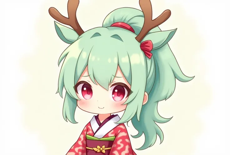 Mint-colored hair, long ponytail, pink eyes, red and white kimono mini character, Japanese-style hair ornament, cute illustration, has deer antlers growing on only one side of the head