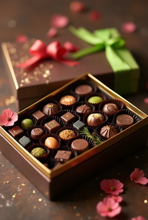 "A luxurious chocolate product in elegant square boxes, with rich and vibrant colors such as dark brown, gold, and pistachio green. The box features a modern, festive design, and includes individually wrapped chocolates inside. The pieces are neatly arrang...