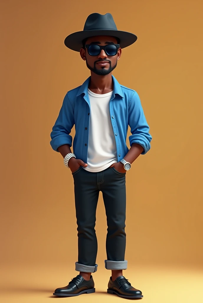 généré moi une image 3D cartoon animé d'un jeune homme africain vêtus chemise bleu blanc enfile par un pantalon tissu noir chapeau noir,pair de chaussures tout noir lunettes fume montre noir une bâton bégui blanc dans un hôtel cinq étoile très 