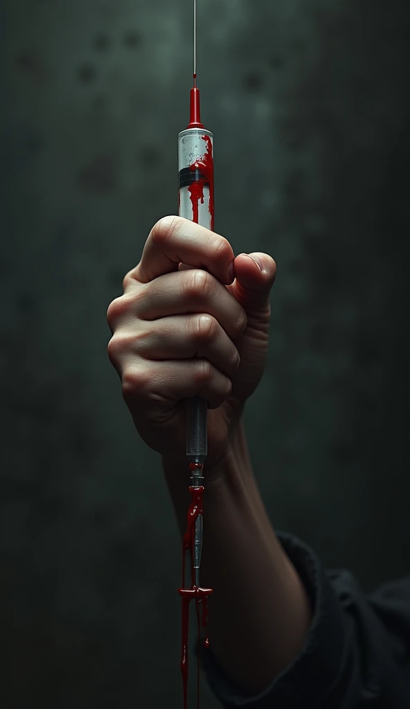 Hand holding a bloody syringe