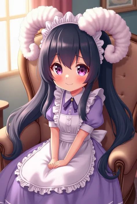 Anime, Black girl,  long twin tail , light purple maid outfit  ,  white fluffy sheep ears,  sitting on a chair