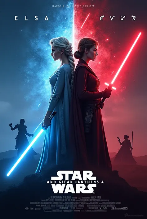  Create a movie poster in the style of' The Force Awakens .  The main motif of the poster should show Elsa as a Jedi and Anna as a powerful Sith Lady.  They stand back to back and look in opposite directions . Elsa soll als Jedi mit einem blueen Lichtschwe...