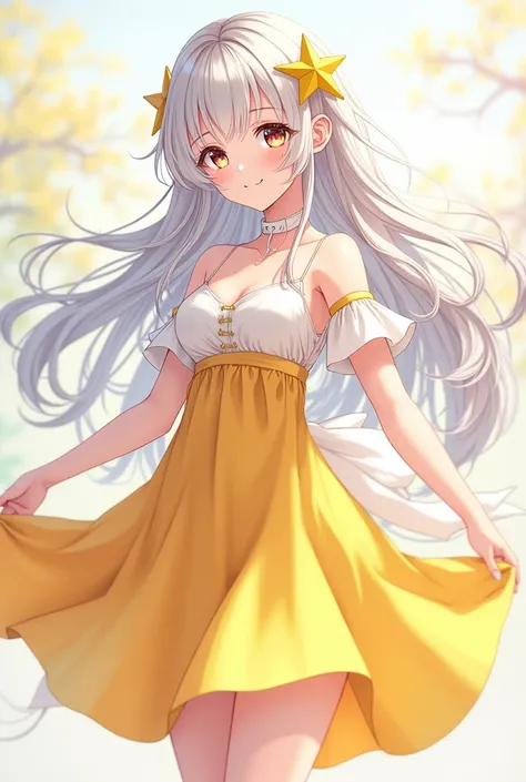 Idol Girl.  Is action painting  ,  long white hair, Part of her hair unravels 、 the other part has 2 star shaped boxes . Yellow and white dress. The idol has to be  anime style and very beautiful. But I&#39; I don't want it to be vulgar or too small .,  I ...