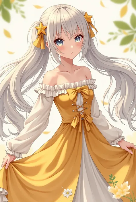 Idol Girl.  Is action painting  ,  long white hair, Part of her hair unravels 、 the other part has 2 star shaped boxes . Yellow and white dress. The idol has to be  anime style and very beautiful. But I&#39; I don't want it to be vulgar or too small .,  I ...