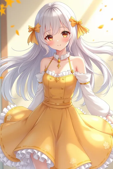 Idol Girl.  Is action painting  ,  long white hair, Part of her hair unravels 、 the other part has 2 star shaped boxes . Yellow and white dress. The idol has to be  anime style and very beautiful. But I&#39; I don't want it to be vulgar or too small .,  I ...