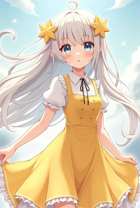 Idol Girl.  Is action painting  ,  long white hair, Part of her hair unravels 、 the other part has 2 star shaped boxes . Yellow and white dress. The idol has to be  anime style and very beautiful. But I&#39; I don't want it to be vulgar or too small .,  I ...