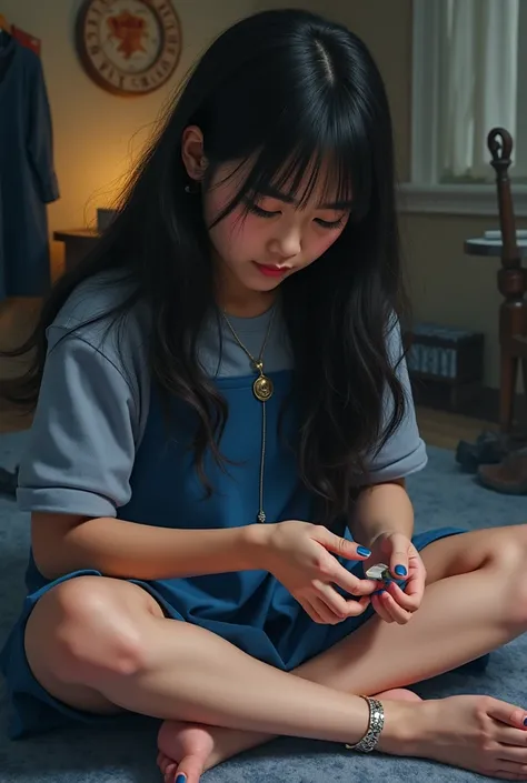 Katie Leung, as Cho Chang, painting her feet nails with blue