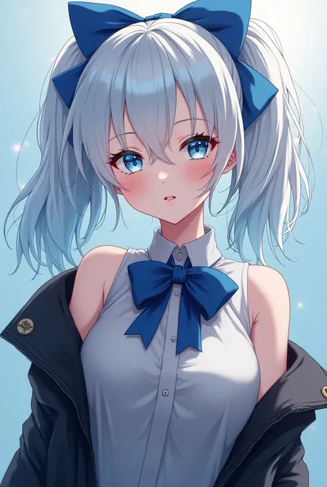 hot girl, F Cup , white hair, hight light blue hair, wearing a blue bow , black jacket brakes off , wearing a blue bow  trước ngực và 1 bên tóc,  unexposed chest ,  cold face , shirt in gray, big breast , cold