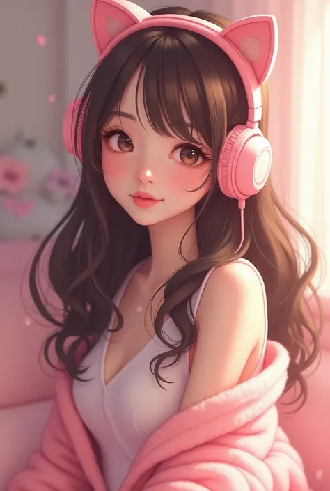 A woman with brown hair, with pink cat headphones that likes pink and has a softy outfit