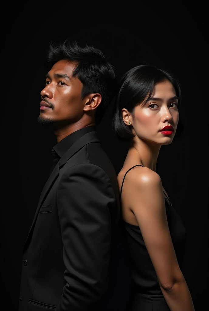   A big impetuous man with brown green eyes ,  short black hair,  brown skin with elegant dress code and a girl with dark hair ,Big red lips, standing brown eyes , back to back .  Full bodies with black background .  realistic photo 