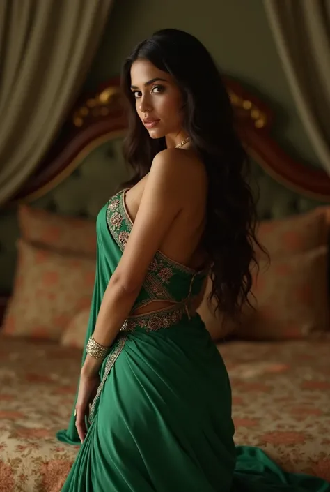 A indian saree green dress women bending over on a bed while in doggystyle position 