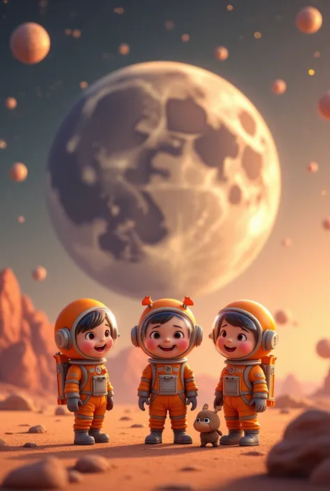 Create a Pixar-style 3D scene featuring a large moon with well-defined craters. Surrounding the moon are small and large meteorites and planets, each stylized with unique textures. In the foreground, an alien desert landscape is bathed in soft golden and o...