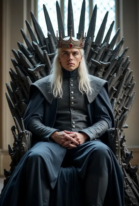 royal view. he is sitting on iron throne in game of thrones. ((iron throne)) , A beautiful  man of House Targaryen, he's young and handsome, white haired, long straight hair, lightly messy hair, loose down. Wearing a crown was made of Valyrian steel and ha...