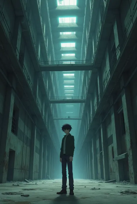 He's in the middle of a big, empty prison in anime