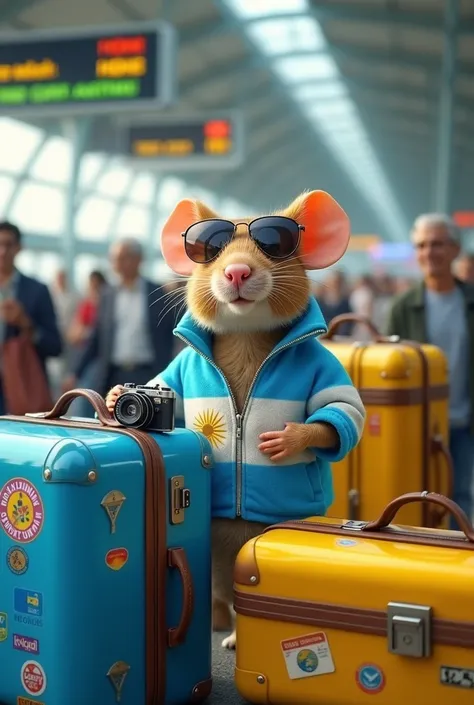 Create an image of a little mouse dressed with the Argentinian flag and full of blue and yellow suitcases at an airport, with sunglasses, photographic camera.