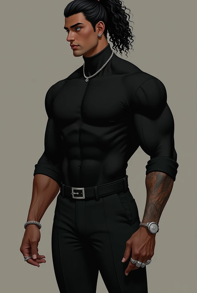 Javier is a tall and muscular man, with wide shoulders and toned body standing at 6'5". He has thick curly black hair, kept neatly tied up in a high ponytail, revealing his undercut.  He has narrow icy bue eyes, a stark contrast to his dark skin and hair. ...