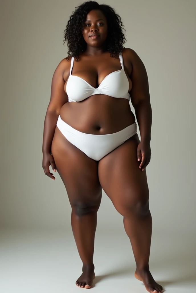 Make a fat black woman in white panties and white bra standing on the floor with her legs open 