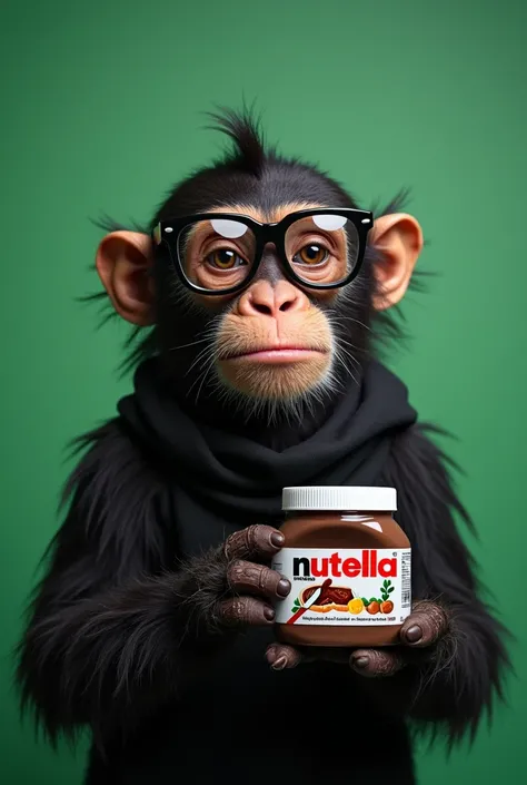 Curiopithecus wearing black plastic glasses dressed as a thief and a bottle of Nutella in his hand,  the background is a green screen ready to be replaced by any photo or video