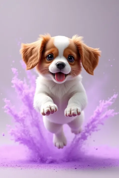 A light brown and white Cavalier King Charle puppy that jumps with a purple powder effect 