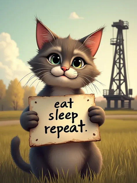 cat holds a sign that says "eat sleep repeat" and pumpjin