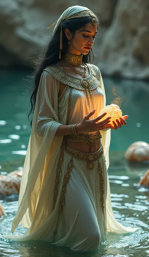 A modest woman wearing a long cloak and a headdress comes out of the Nile River like a mermaid with shells around her and carrying an enchanted shell in a fantasy style .