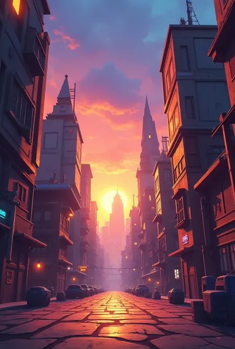  a city inspired by the style of the game Brawl Stars ,  with a spectacular sunset in the background ,  and the perspective of a first-person view from the bottom up .  I will describe the background in detail for you :

Scenery and perspective :  The view...