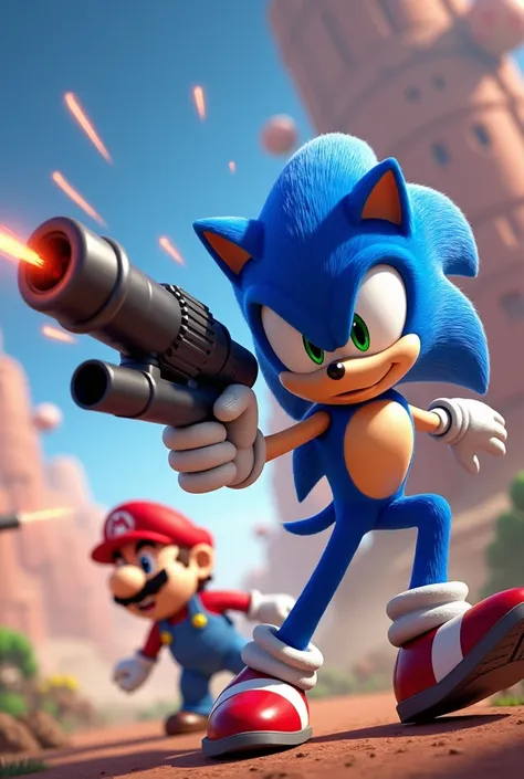 Sonic shots a rocket launcher at Mario 