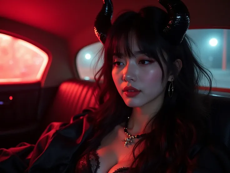  looking to the right side dramatically , Korean girl face Rose,long wavy black hair with long fringe ,black horns with red neon light , eyes closed and smiling ,foxy eyeliner,textured white leather,ulzzang,nose piercing,Neon red smoke coming out of her mo...