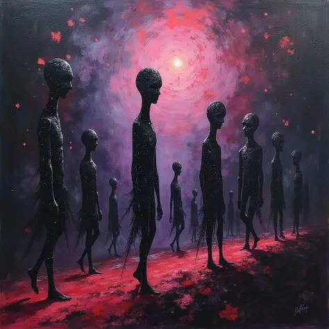 "Elongated, surreal cosmic figures with star-speckled forms march across an abstract galaxy of dark purples, blacks, and violent streaks of red. The leader is larger and glows faintly, its form distorted by jagged, chaotic brushstrokes, creating a haunting...