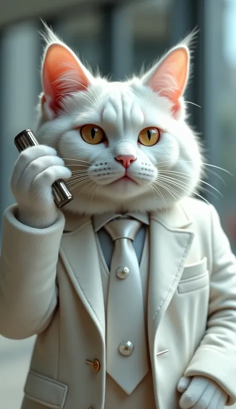 Real white cat is a millionaire and holds an octavum iPhone and carries it close to her ear 