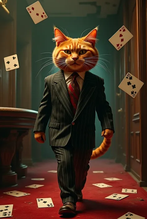  An anthropomorphic red-haired cat , wearing a fine striped suit ,  walking through an abandoned casino with playing cards flying around it .  He smiles maliciously as shadows stretch like tentacles across the floor.  The scene mixes decadent glamor of the...