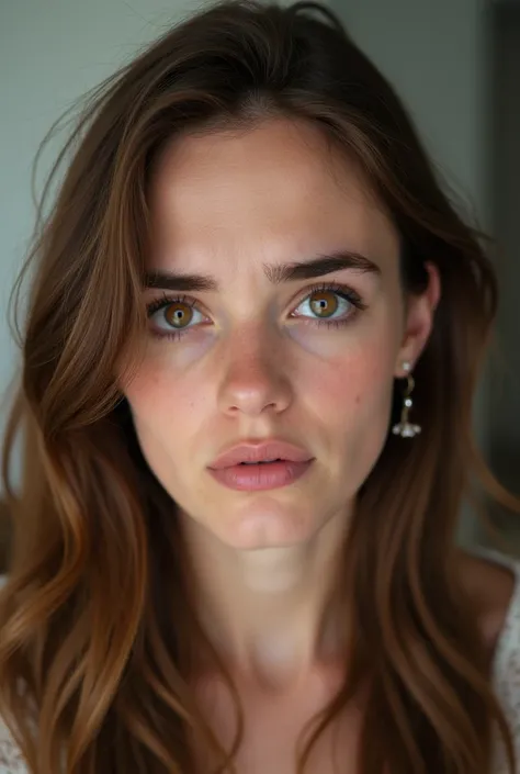 The embarrassed worried face of my 25yo English sister who looks similar to Emma Watson, brown eyes, long brunette hair, she has accidently defecated in her underwear