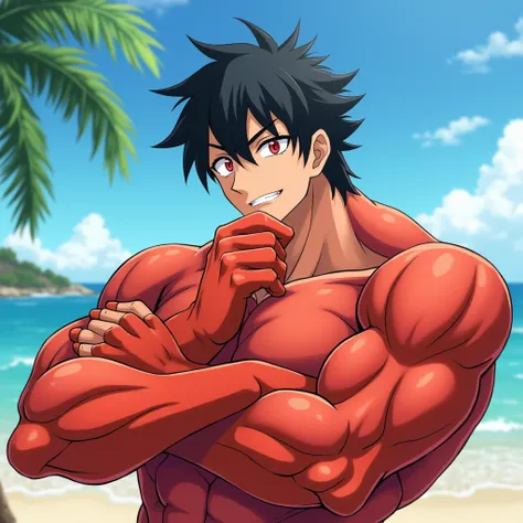 
The image shows an anime crab with short black hair and red eyes . It depicts a crab with claws,  He has a kind expression on his face, and he crossed his arms  ,  his right hand rests on his chin .  His physique is muscular  ,  with well-defined arms and...