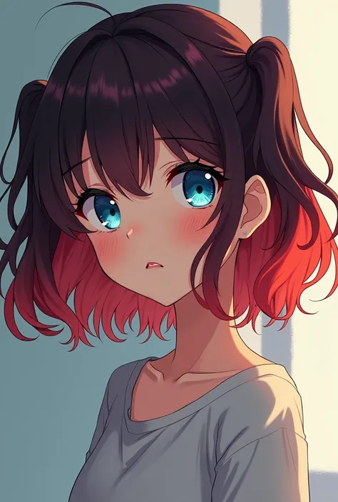  Picture an anime girl with short red and maroon hair and short bangs, two ponytails on the sides . The head is turned to the right side, she has sad blue eyes 