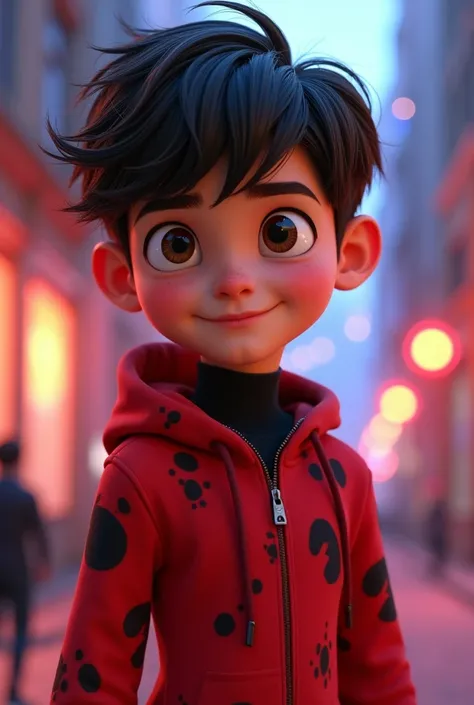  Make an 18 year old boy with dark brown hair,dark eyes and red clothes y2k , no estilo de animacao de miraculous ladybug, Em 3d disney,miraculous,animation