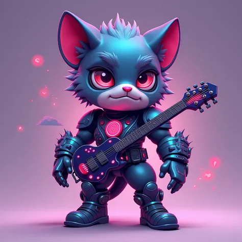 "create a mini superhero character as the main protagonist of 'Soundfuse' . 'The character must have a musical appearance, some instrument, but heroic. ,  Mixing futuristic elements inspired by music with dark and exotic designs . Animals approach,   soft ...