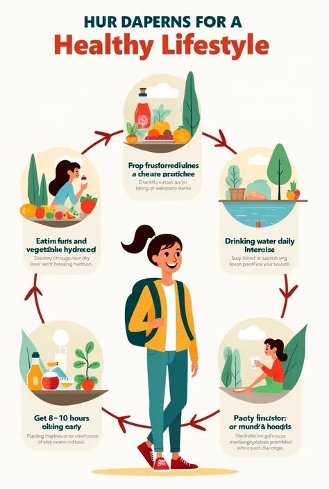 "An infographic-style illustration designed for agers aged 10 to 15, highlighting five key behaviors for a healthy lifestyle. The layout features interconnected scenes showing: 1) Eating fruits and vegetables for balanced nutrition, 2) Drinking water daily...