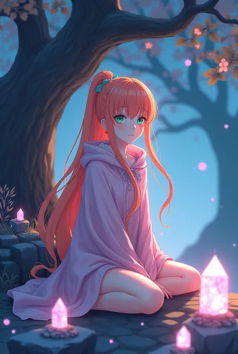 Long salmon peach color hair in a ponytail, green eyes, pale skin, light pink cloak with no hood, sitting under midnight tree surronded by glowing crystals, anime girl