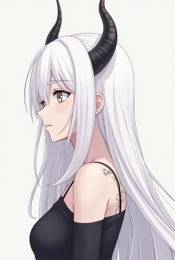 A close-up profile picture of a cool anime-style girl with very long, flowing, and pure white hair that cascades elegantly. She has large, curved, and graceful horns that give her a powerful and mystical look. Her expression is calm and confident, with pie...