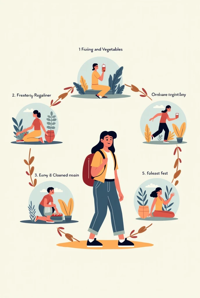 "An infographic-style illustration designed for agers aged 10 to 15, highlighting five key behaviors for a healthy lifestyle. The layout features interconnected scenes showing: 1) Eating fruits and vegetables for balanced nutrition, 2) Drinking water daily...