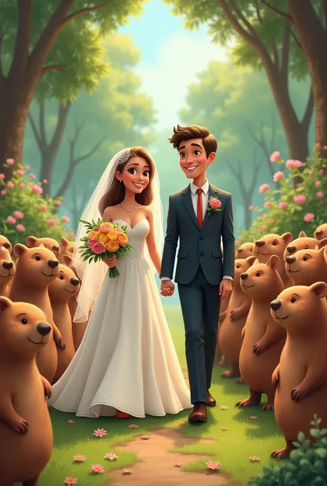 Wedding photo where the groom and bride are human and the guests are capybaras