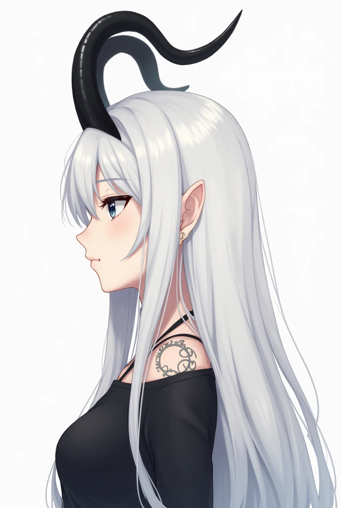 A close-up profile picture of a cool anime-style girl with very long, flowing, and pure white hair that cascades elegantly. She has large, curved up, black and graceful horns that give her a powerful and mystical look. Her expression is calm and confident,...