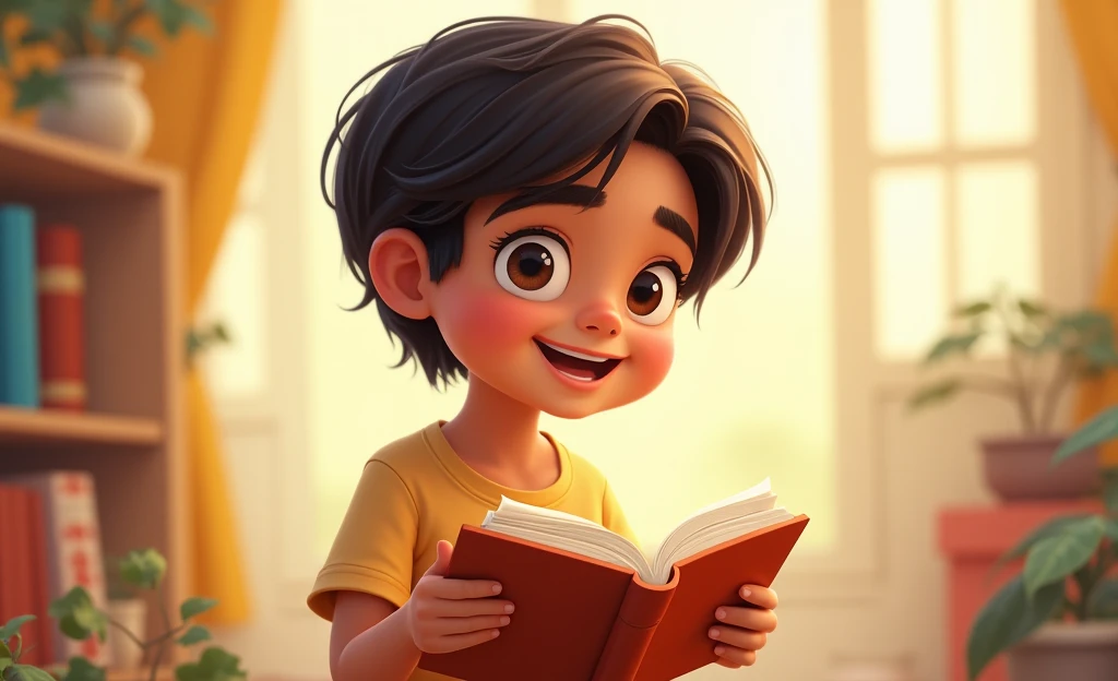  Baby boy with book in his hand Brown skin ,  full lips, Small nose 
Dark brown eyes ,  Indian model 
Medium brown straight hair.  cartoon