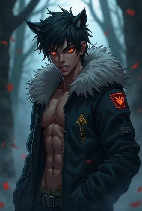 A werewolf boy in serious anime style, strong and with a hairstyle like that of David Martines from cyber punk who has a jacket made of a wolf