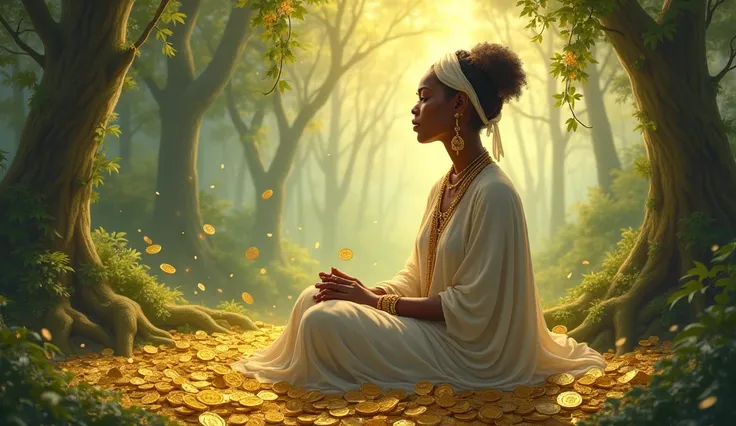 I draw a happy wise woman, Brown skin,  heavenly forest environment , sitting sideways, surrounded by gold coins 