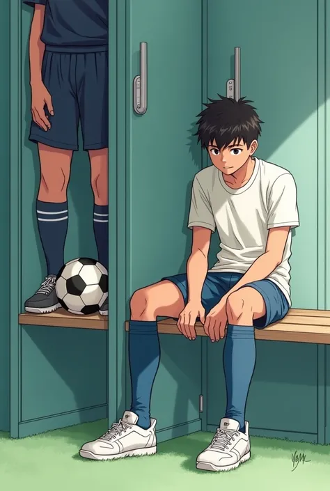 anime boy sitting on a bench with a soccer player in a locker, a picture by Eizan Kikukawa, pixiv, shin hanga, kentaro miura manga art style, yaoi, by tite kubo, kentaro miura art, tite kubo, at pixiv, kentaro miura manga style, bishounen