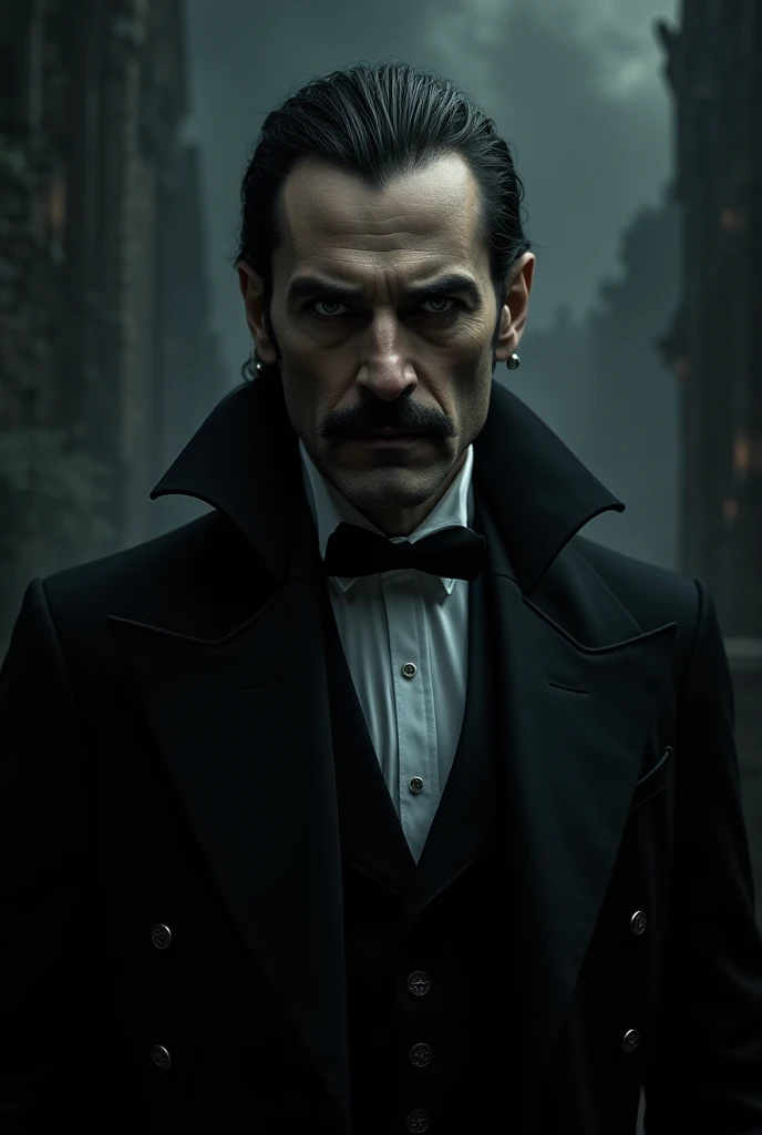  creates a very dark and terrifying humanoid vampire, But that he is really beautiful and attractive and that he has a mustache and formal hairstyle 