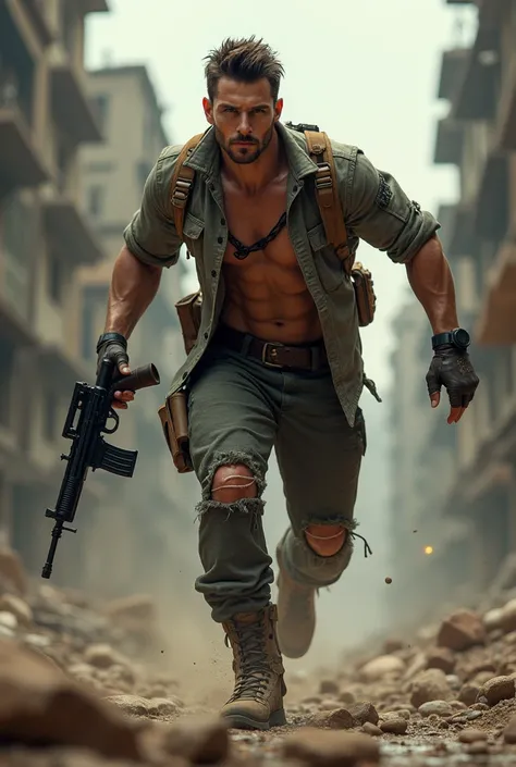  A handsome muscular gunman with torn clothes pants with big bulges, He's shooting for the camera in an apocalyptic city at war  ,  Blood and cuts on the skin  , He's running fast, action scene 