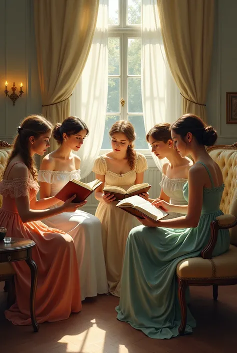  Make a Jane Austen Literature-style image, with women gathered to read together . very feminine.  It's to make Book Club art .